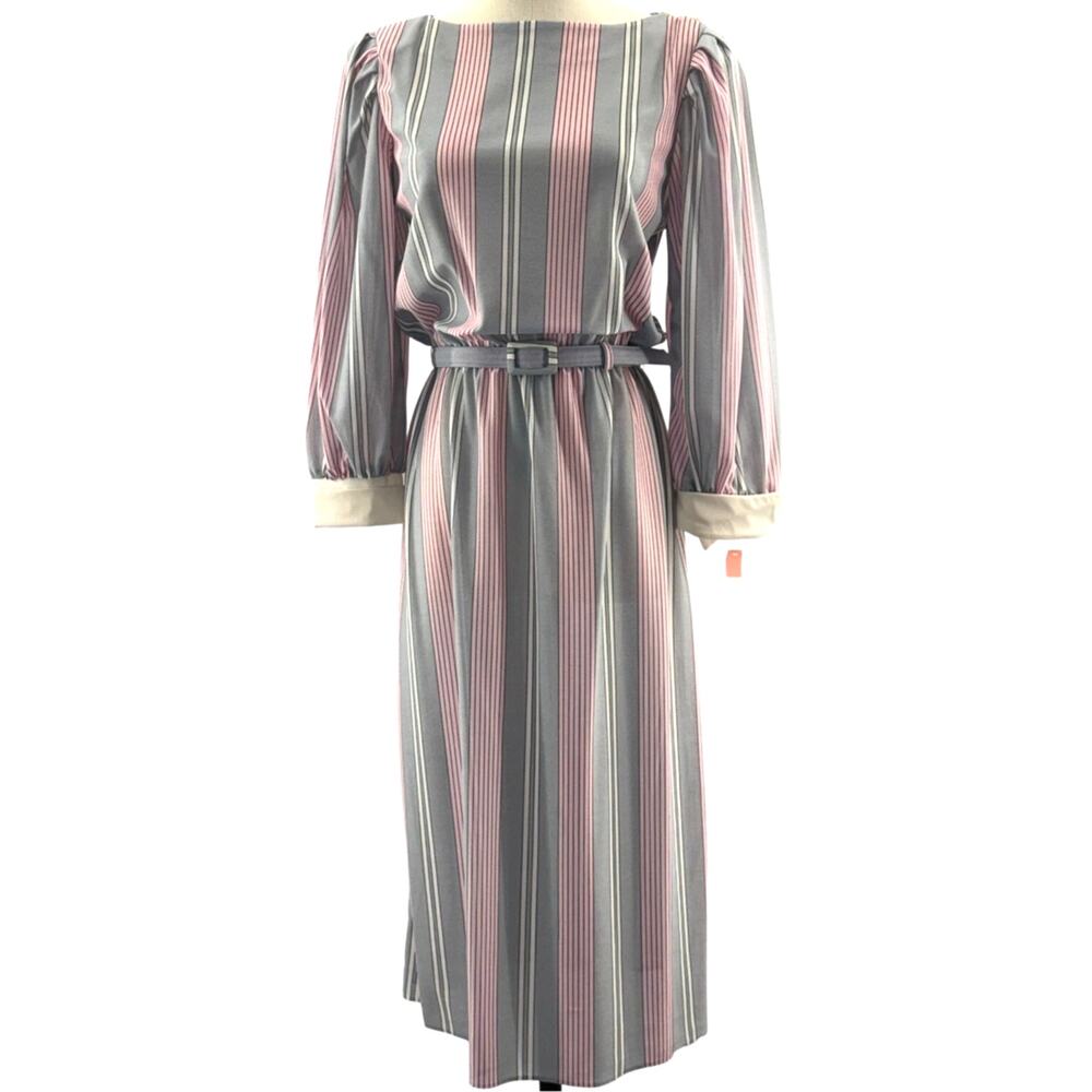 Vintage 80s Women's 11/12 Belted Midi Dress JCPenney Pink Blue Stripes
